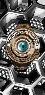 Futuristic gold watch with blue center on geometric background wallpaper.