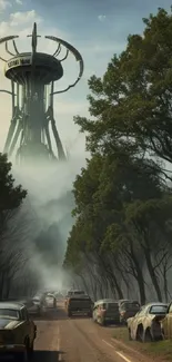 Futuristic tower amid misty forest with vintage cars.