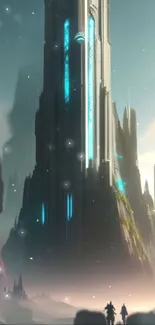 Futuristic tower shrouded in mist with glowing blue accents.