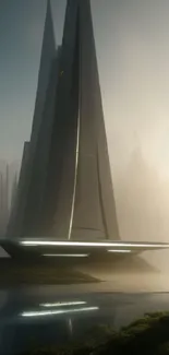 Futuristic tower emerging from misty landscape.