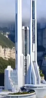 Futuristic skyscraper against a mountain landscape.