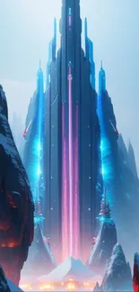 Futuristic tower with neon lights in snowy mountains.