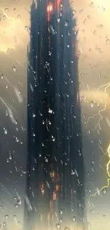 Futuristic tower in a storm with raindrops and lightning.