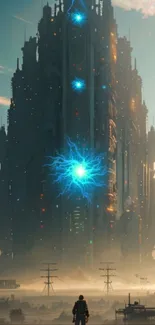 Futuristic tower with blue energy spheres glowing against a cityscape backdrop.