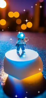 Futuristic toy figure on glowing pedestal with neon city backdrop.