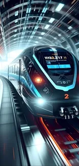 Futuristic train speeding through a tunnel.