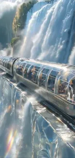 Futuristic glass train gliding over a majestic waterfall.
