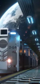Futuristic train station with Earth in the background.