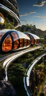 Futuristic train traveling through lush green landscape at sunset.