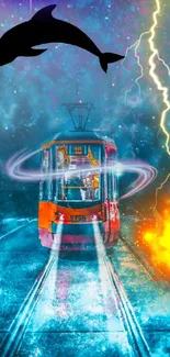 Vivid fantasy tram scene with dolphin and couple.