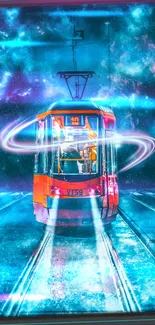 Futuristic tram with neon lights in a cosmic setting.