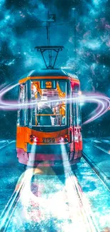 Futuristic tram travels through a colorful galaxy in this vibrant mobile wallpaper.