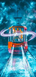 Futuristic tram with neon galaxy effects on urban tracks.