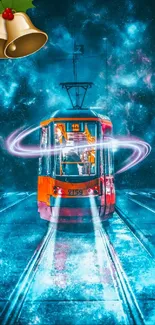 Futuristic tram and cosmic night sky in vibrant colors.