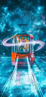 Futuristic tram in cosmic blue scene with neon effects and couple under umbrella.