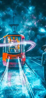 Futuristic tram in cosmic landscape with vibrant colors.