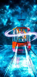 Futuristic tram in a neon-lit, starry blue universe on a mobile wallpaper.