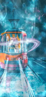 Futuristic tram in a cosmic starry background on mobile wallpaper.