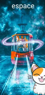 Neon tram in a cosmic scene with a cat cartoon on dark blue background.