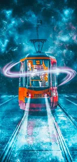 Futuristic neon tram with cosmic background and glowing effects for mobile wallpaper.