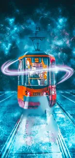 Futuristic tram glows with cosmic energy in a vibrant, colorful urban setting.