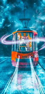 Futuristic tram in cosmic scenery with vibrant neon lights.