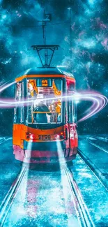 Vibrant neon tram in a futuristic, cosmic urban setting.