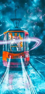 Futuristic orange tram in a cosmic scene with vibrant colors.