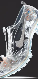 Transparent futuristic sneaker with silver accents on a dark background.