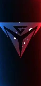 Triangular glowing logo with blue and red neon accents on a black background.