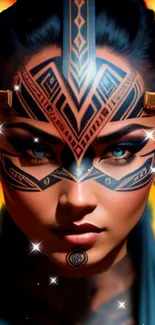 Futuristic tribal face art with vibrant colors and intricate patterns.