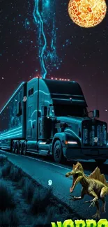 A glowing futuristic truck under a starry sky with a dinosaur and horror theme.