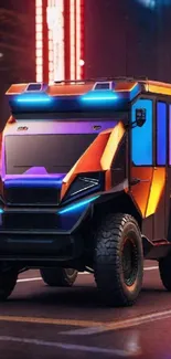 Futuristic truck with neon lights in a vibrant city setting.