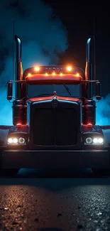 Futuristic truck at night with bright lights and smoky background.