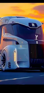 Futuristic truck with vibrant sunset background, showcasing sleek design.