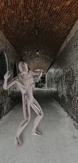 Futuristic humanoid statue in a graffiti-decorated tunnel.