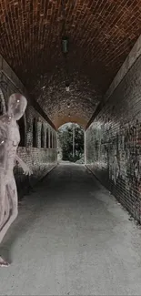 Futuristic figure in a brick tunnel with street art.