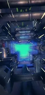 Futuristic tunnel with green explosion, light streaks.