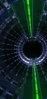 Futuristic tunnel with green neon lights glowing in a dark space.