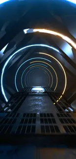 Futuristic tunnel with glowing neon circles, creating depth and modern aesthetic.