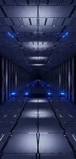 Futuristic tunnel with neon blue lights and dark tones.