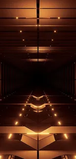 Futuristic tunnel with amber lighting and abstract design in phone wallpaper.