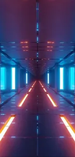 Futuristic tunnel with neon blue and orange lights creating a dynamic mobile wallpaper.