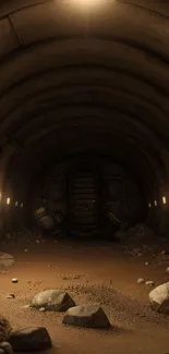 Dimly lit futuristic tunnel with rugged textures and rocky ground.