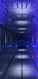 Futuristic tunnel with purple digital lighting and starry effects.