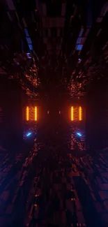 Futuristic tunnel with glowing orange lights and abstract design.