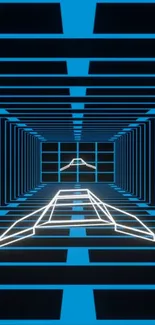 Futuristic tunnel with neon lines and blue geometric pattern.