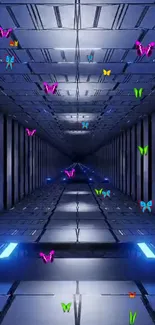 Futuristic tunnel with colorful butterflies.