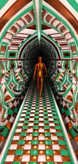 Metallic figure in futuristic tunnel design.