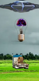 UFO hovering over light bulb and truck in green field.